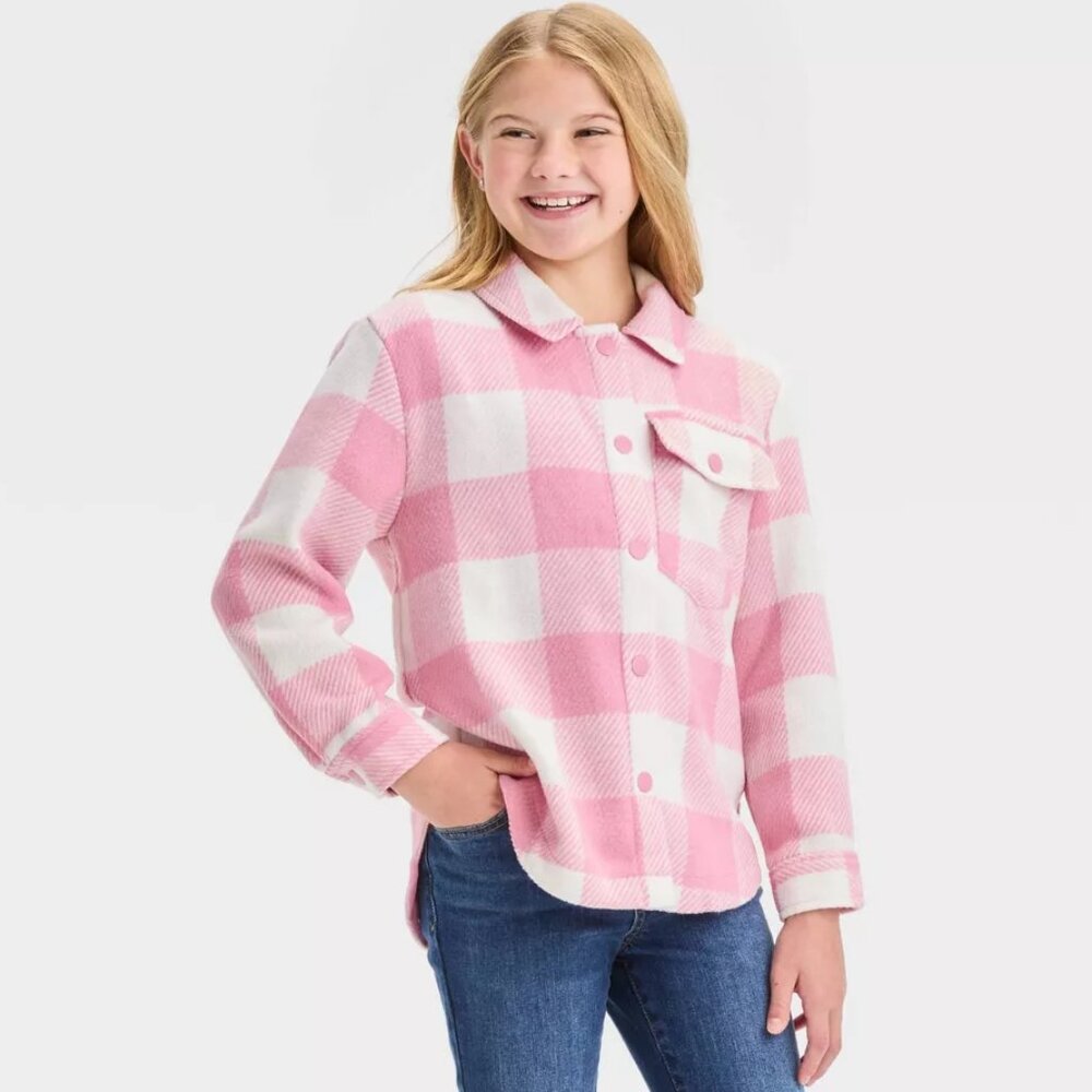 Cat & Jack - Girls' Plaid Button-Front Long Sleeve Shacket - Dusty Pink Plaid